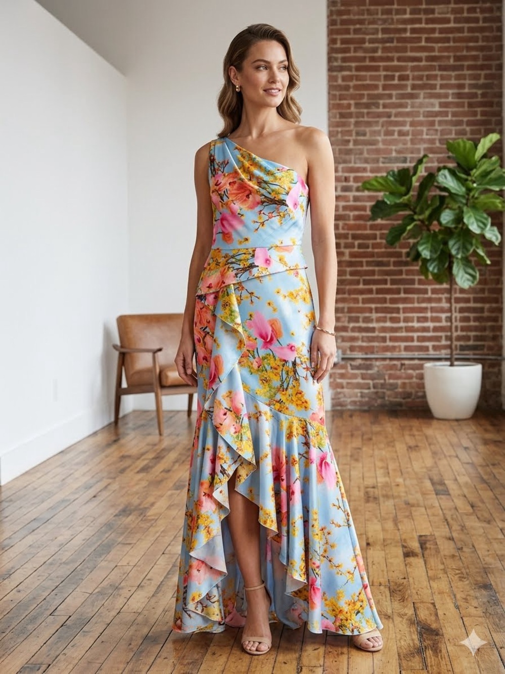 Theia One-Shoulder Sky Blue Floral Ruffle Maxi Dress